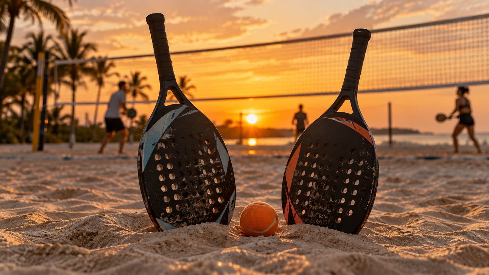 Duas raquetes de beach tennis e uma bola laranja na areia, diante da rede, ao pôr do sol